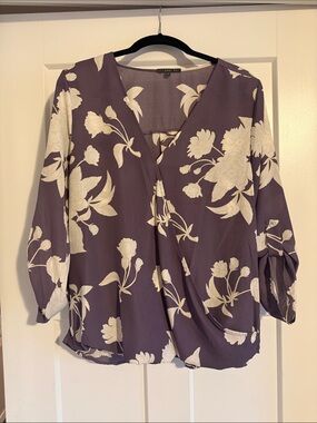 West Kei Purple Floral Wrap Blouse with Cream Print